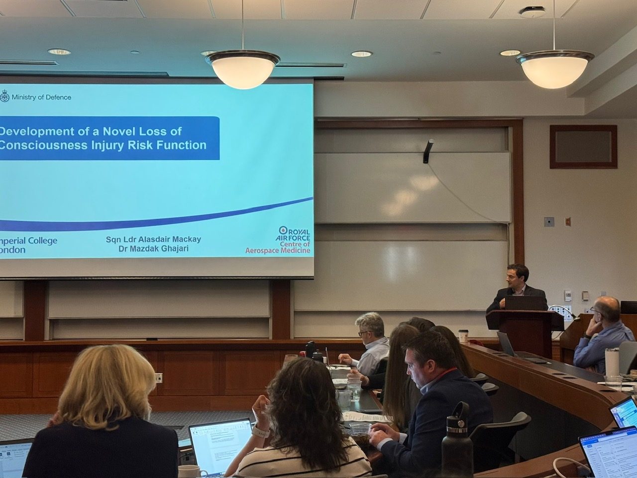 Mazdak Ghajari presenting the loss-of-consciousness injury risk function at the Injury Biomechanics Symposium.