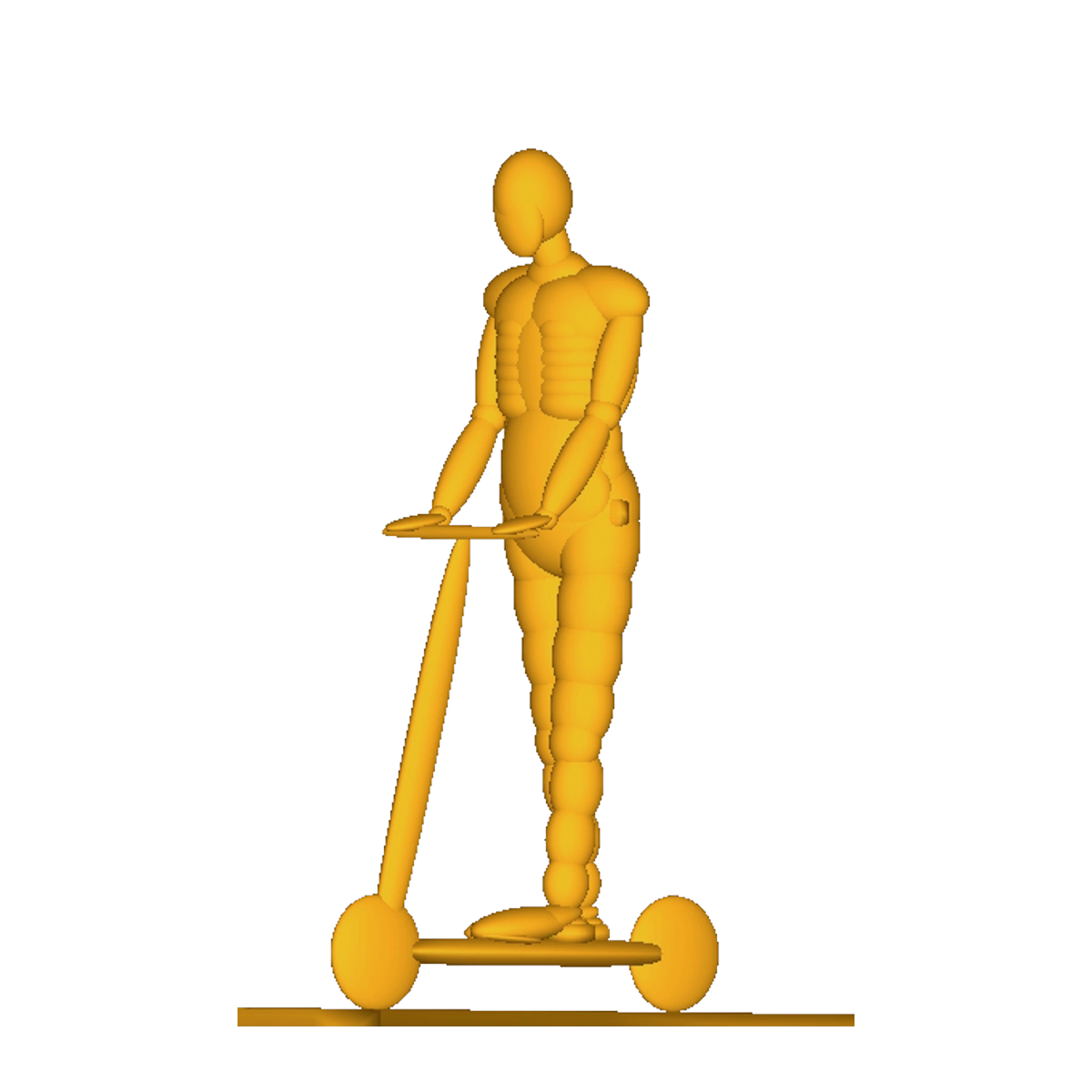 A crash-test dummy model on an e-scooter, used to simulate head-ground impact in falls.