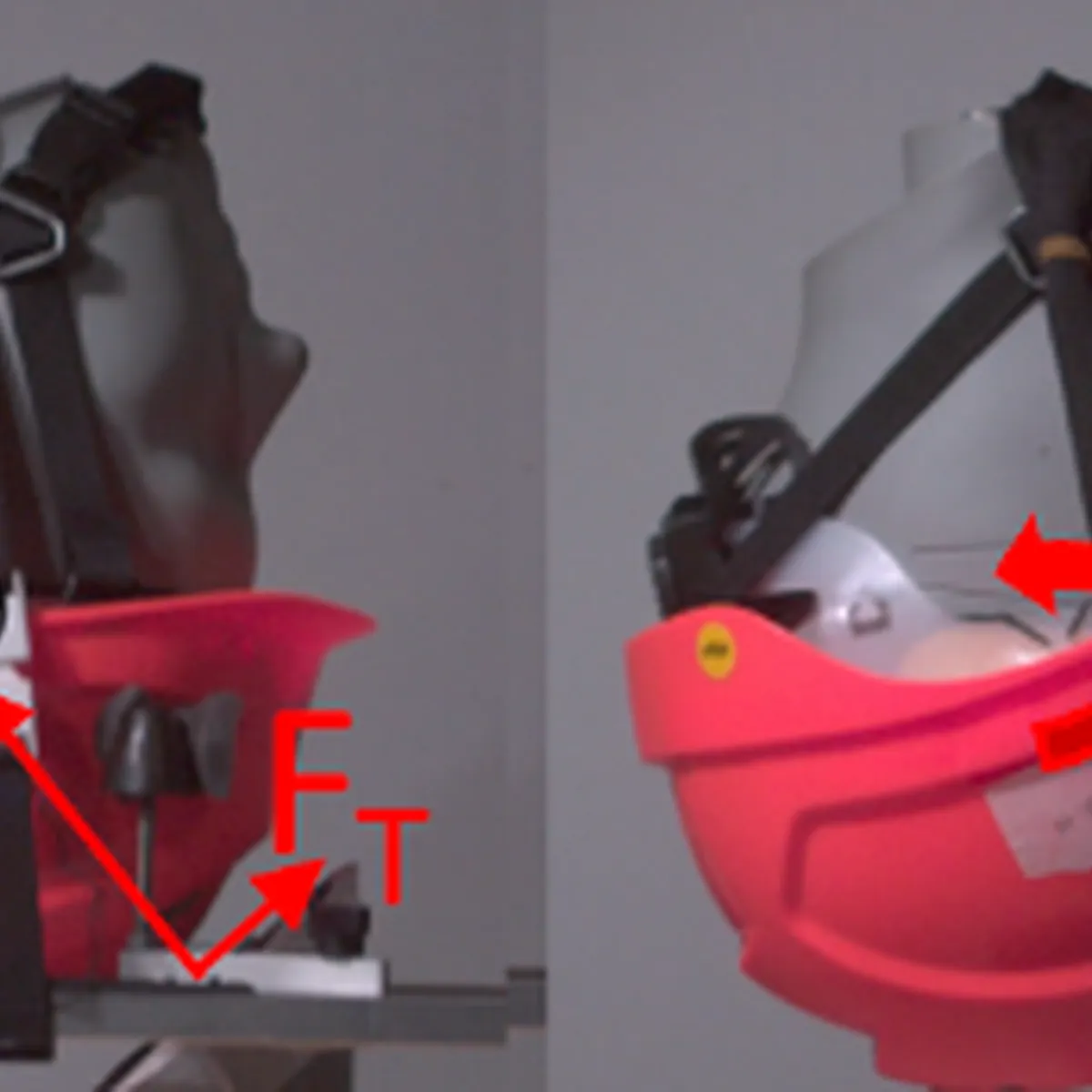 An industrial safety helmet on a headform test rig, with normal and tangential force vectors marked at the impact point.