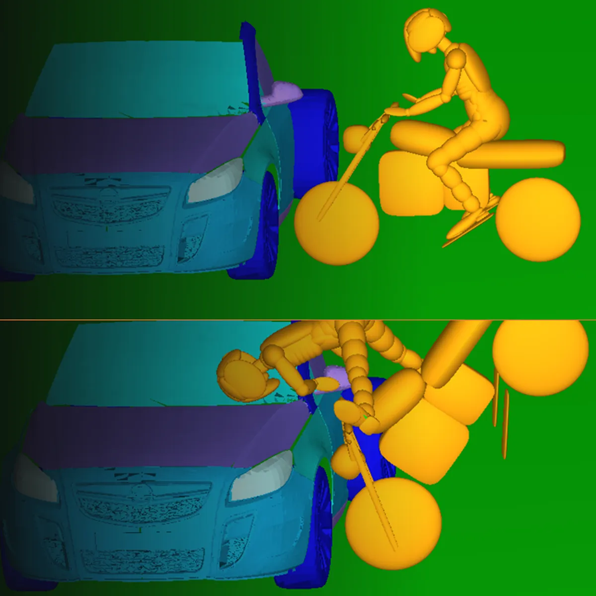Computational reconstruction of a motorcyclist-car collision, before and after impact, showing rider kinematics used to define head impact test conditions.